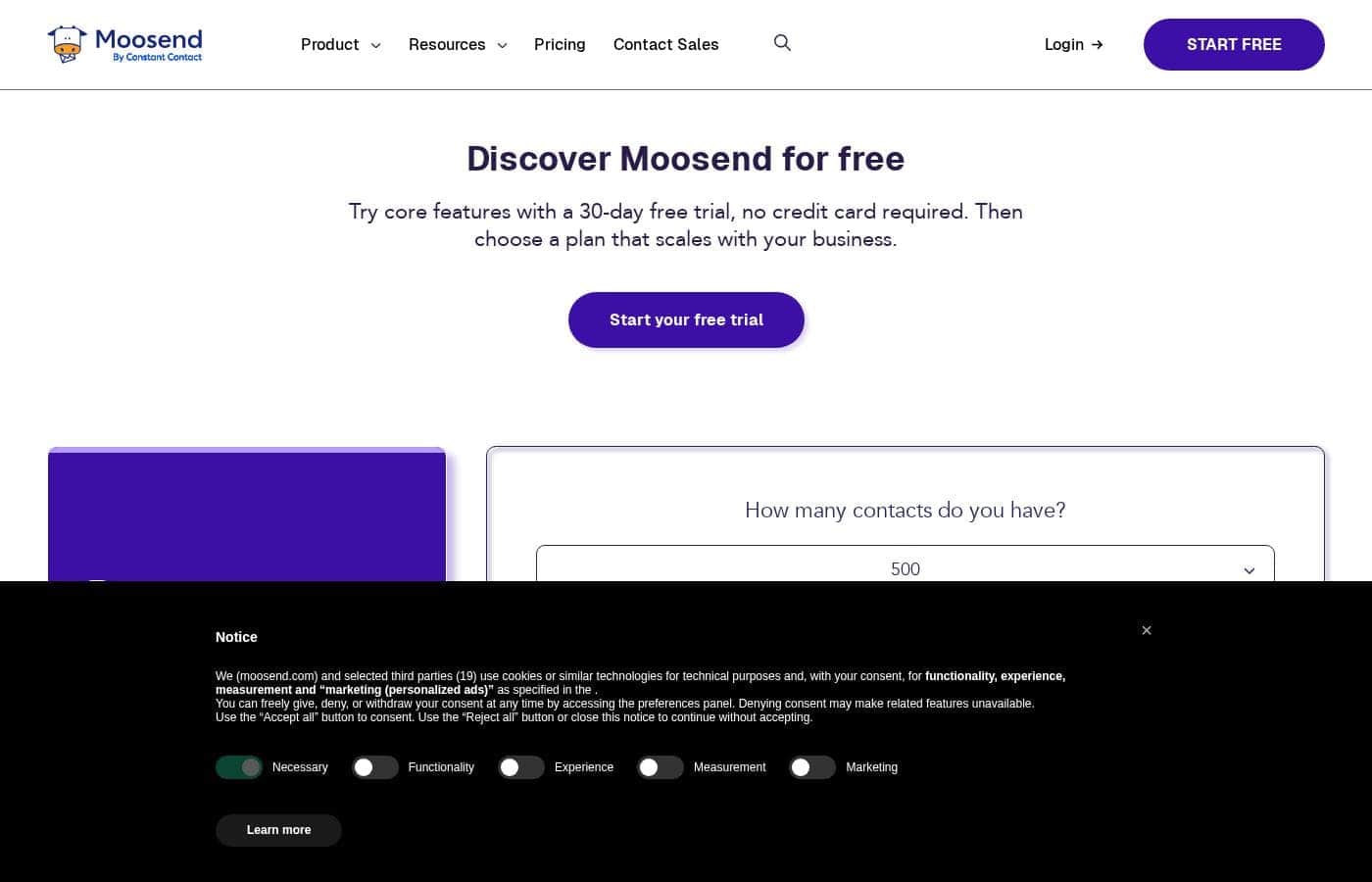 Moosend pricing page screenshot