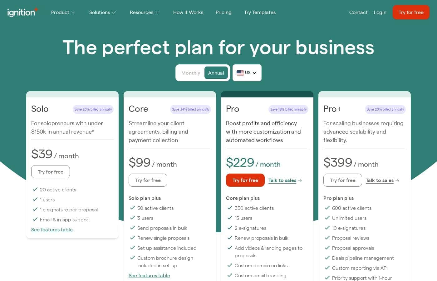 Ignition pricing page screenshot