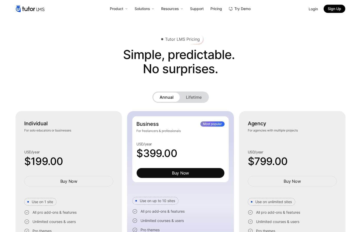 Tutor LMS pricing page screenshot