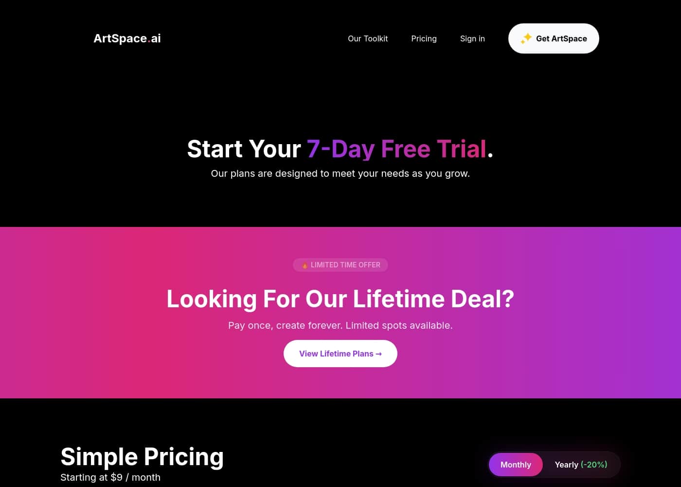 ArtSpace pricing page screenshot