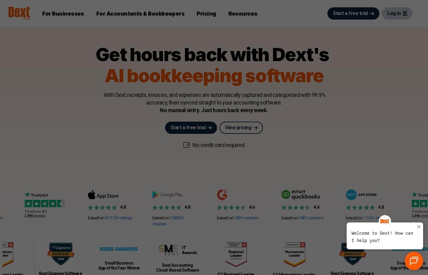 Captura de pantalla de la página de inicio de Dext