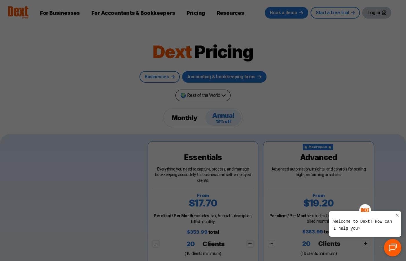 Captura de la página de precios de Dext