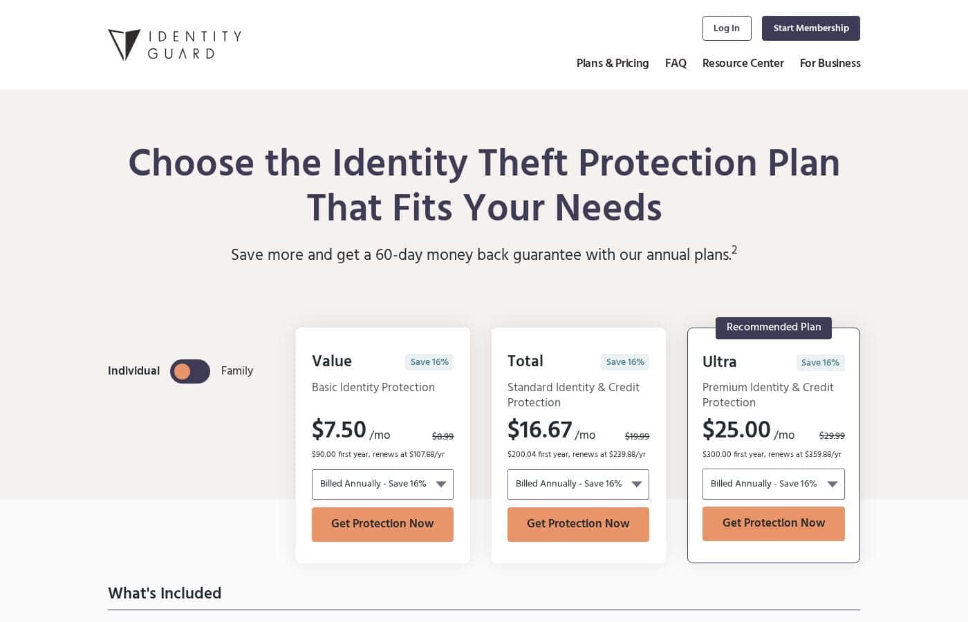 Identity Guard pricing page screenshot