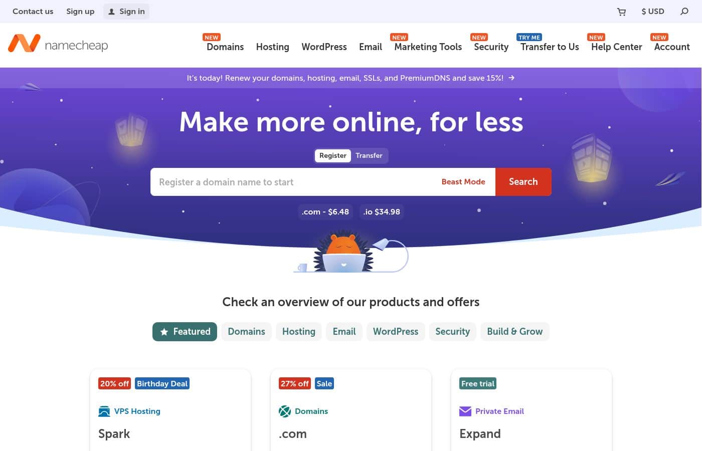 Namecheap homepage screenshot