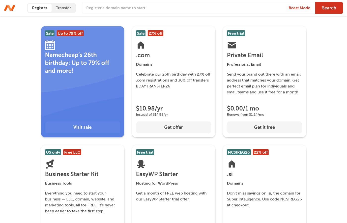 Namecheap pricing page screenshot