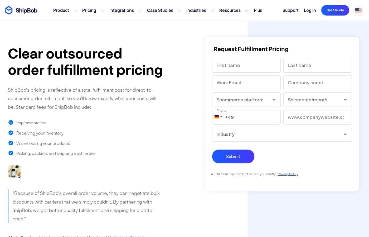 ShipBob pricing page screenshot