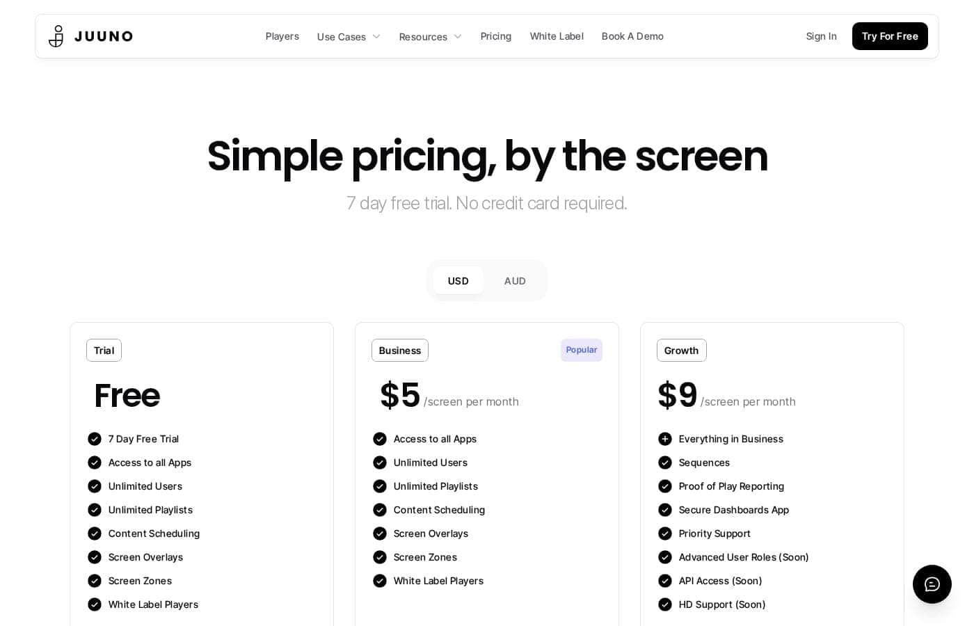 Juuno pricing page screenshot