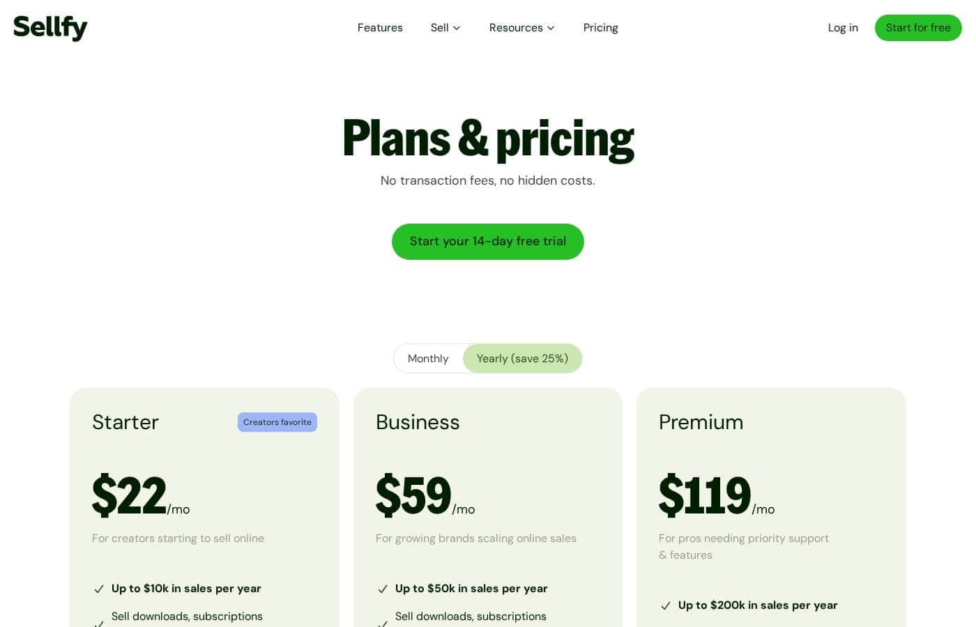 Sellfy pricing page screenshot