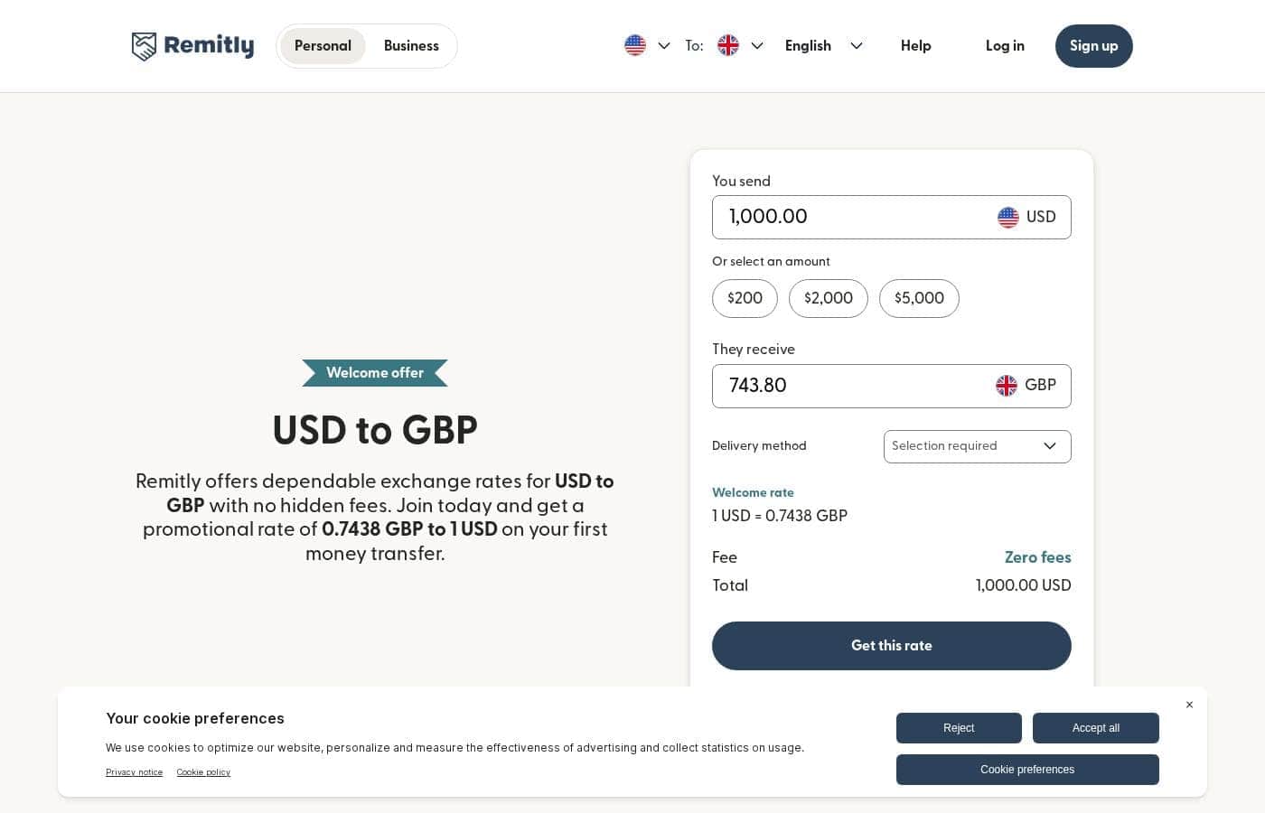 Remitly pricing page screenshot