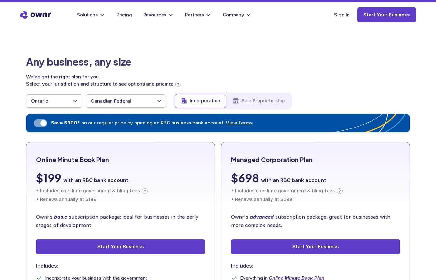 Ownr pricing page screenshot