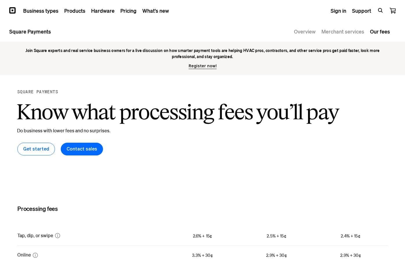 Square Payments pricing page screenshot