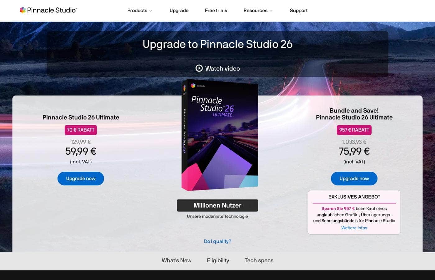 Pinnacle Studio pricing page screenshot
