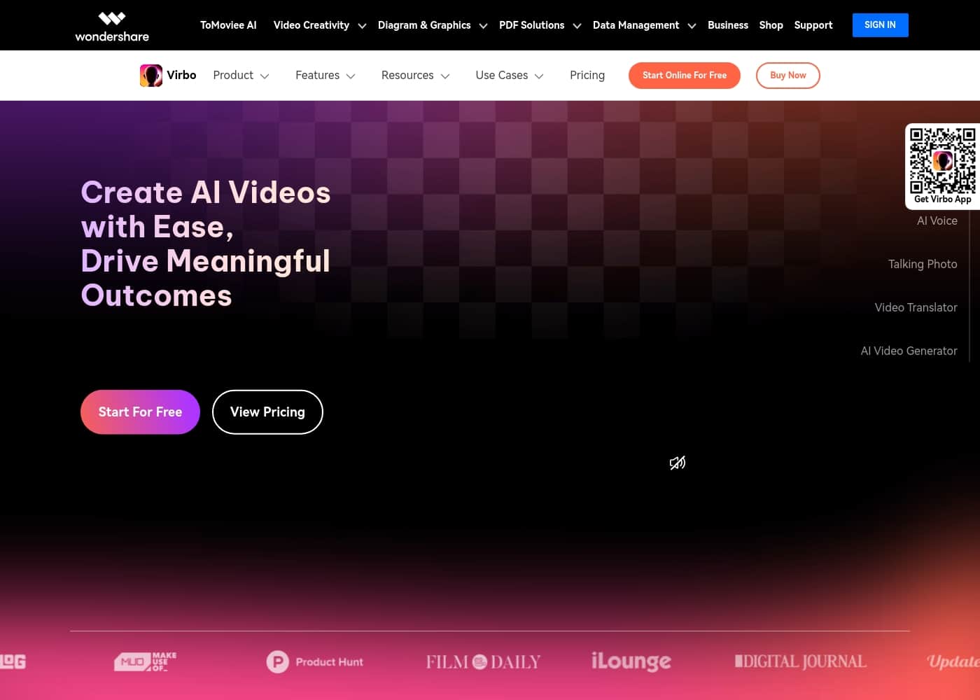 Virbo homepage screenshot