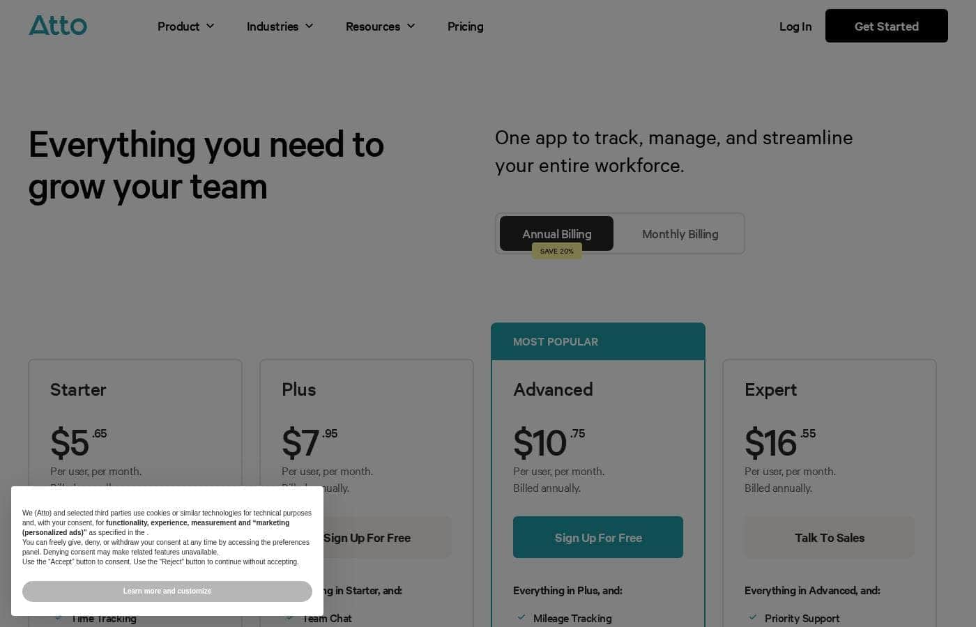 Atto pricing page screenshot