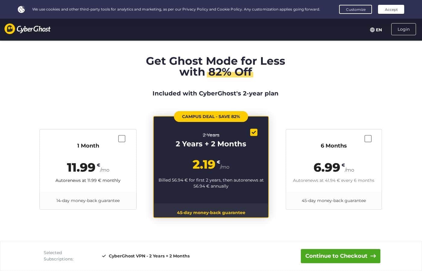Captura de la página de precios de CyberGhost