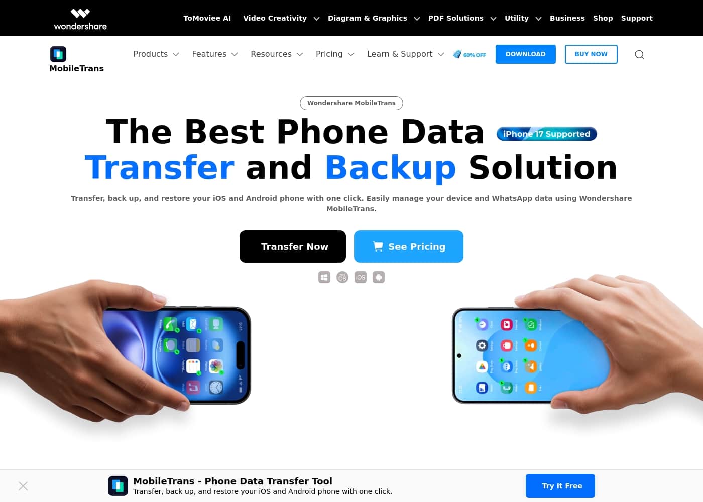 ภาพหน้าจอหลักของ MobileTrans