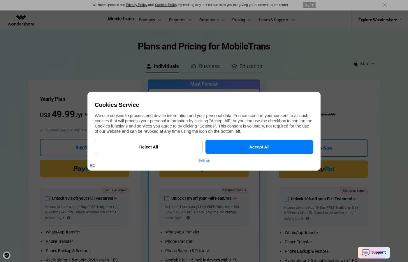 Screenshot der Preisseite von MobileTrans