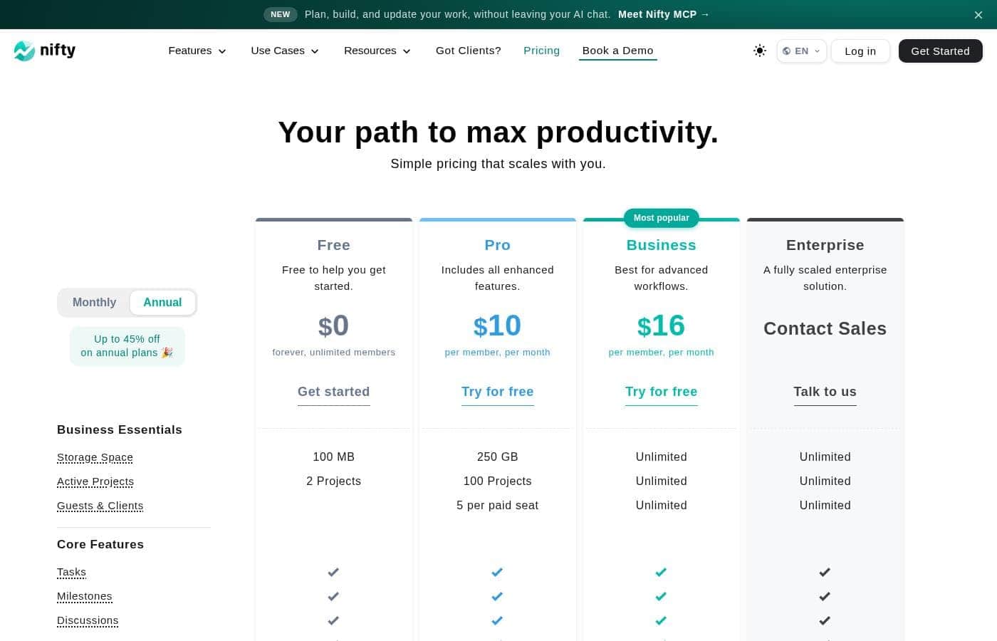 Nifty pricing page screenshot