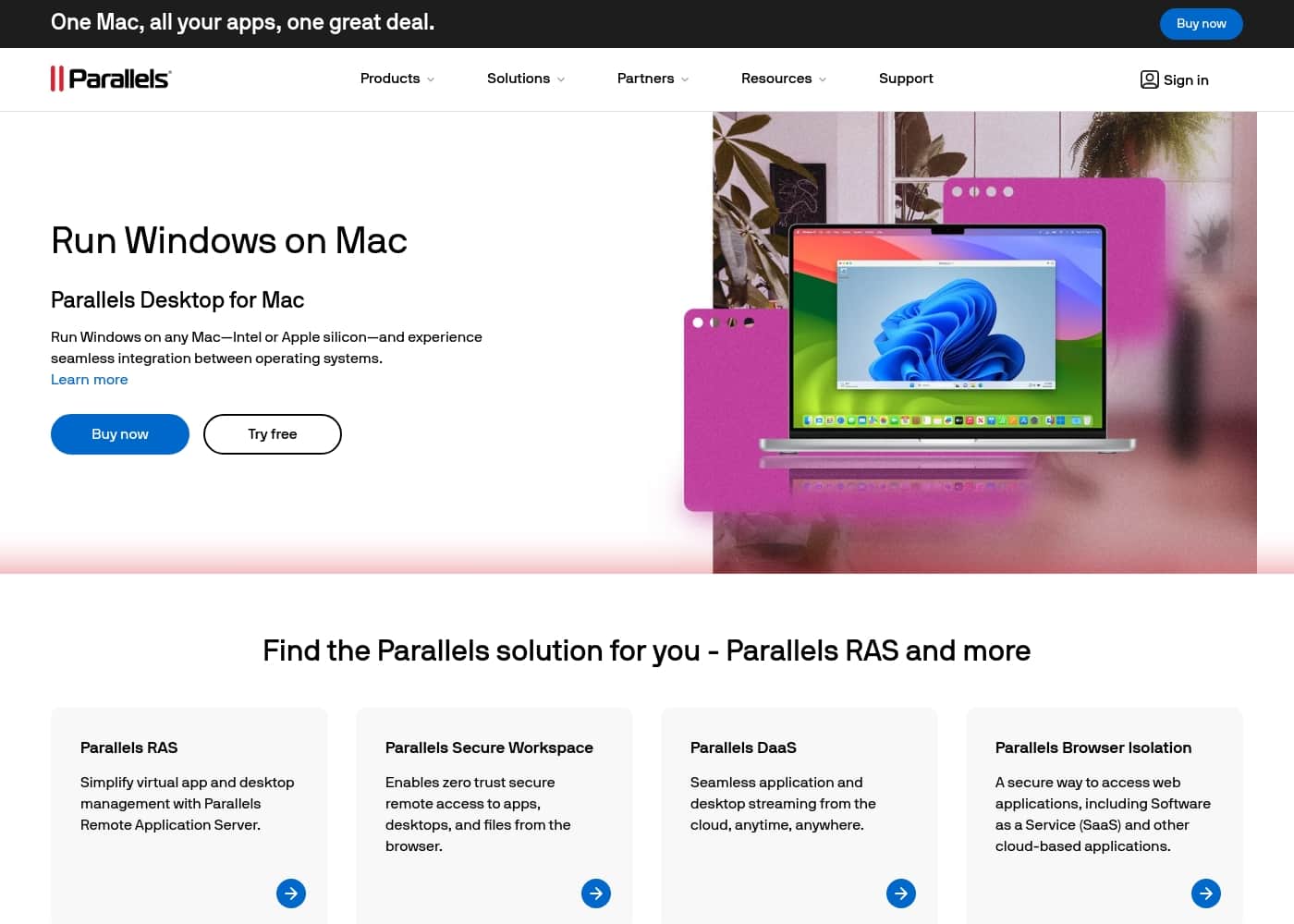 Captura de pantalla de la página de inicio de Parallels