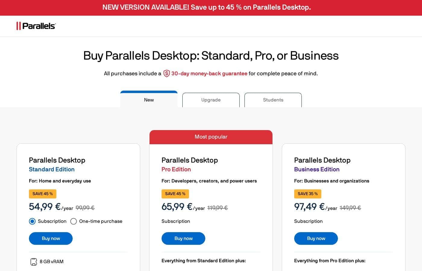Parallels pricing page screenshot