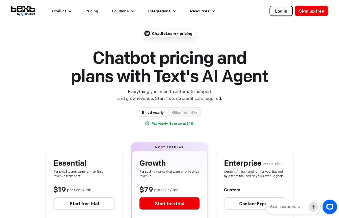 Chatbot pricing page screenshot