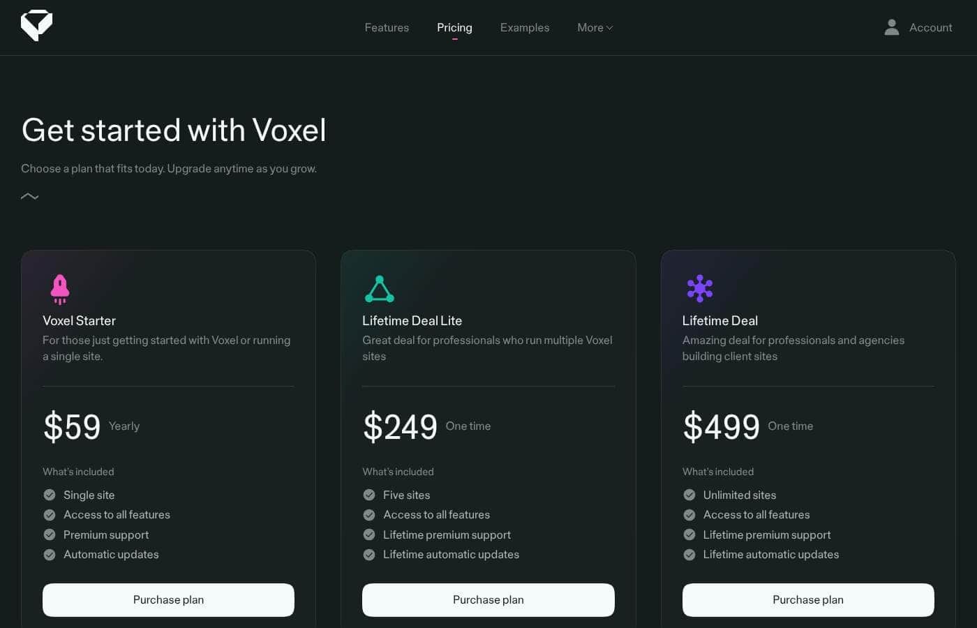 Voxel pricing page screenshot