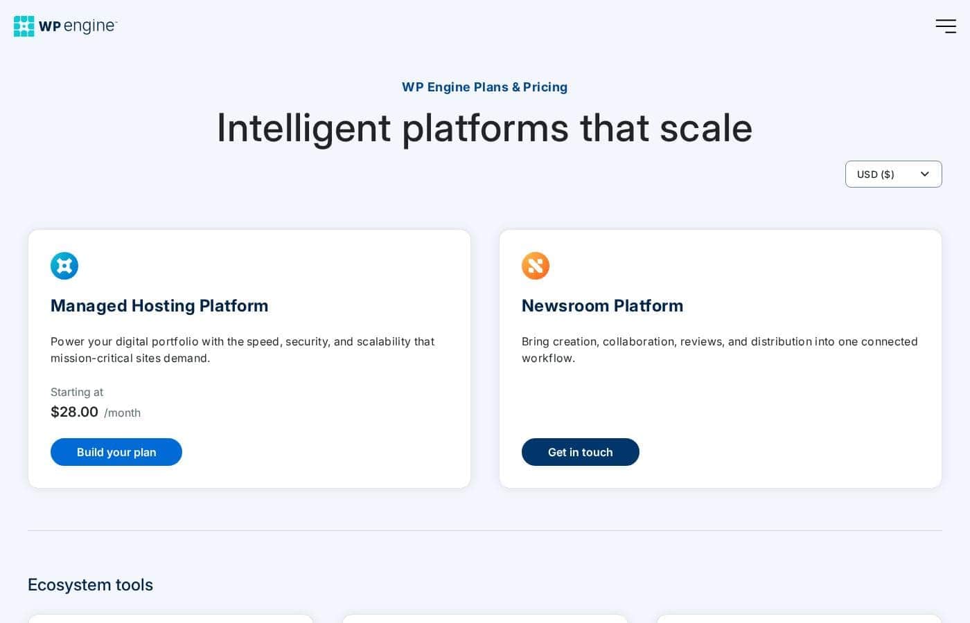 Screenshot della pagina prezzi di WPEngine
