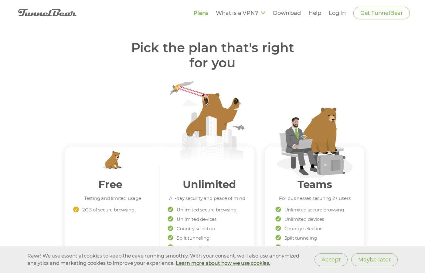 TunnelBear pricing page screenshot