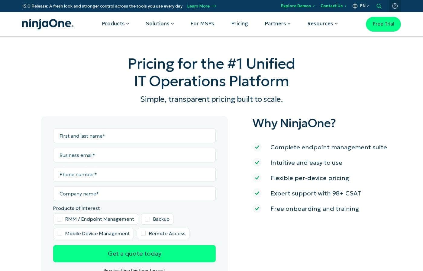 NinjaOne 가격 페이지 스크린샷