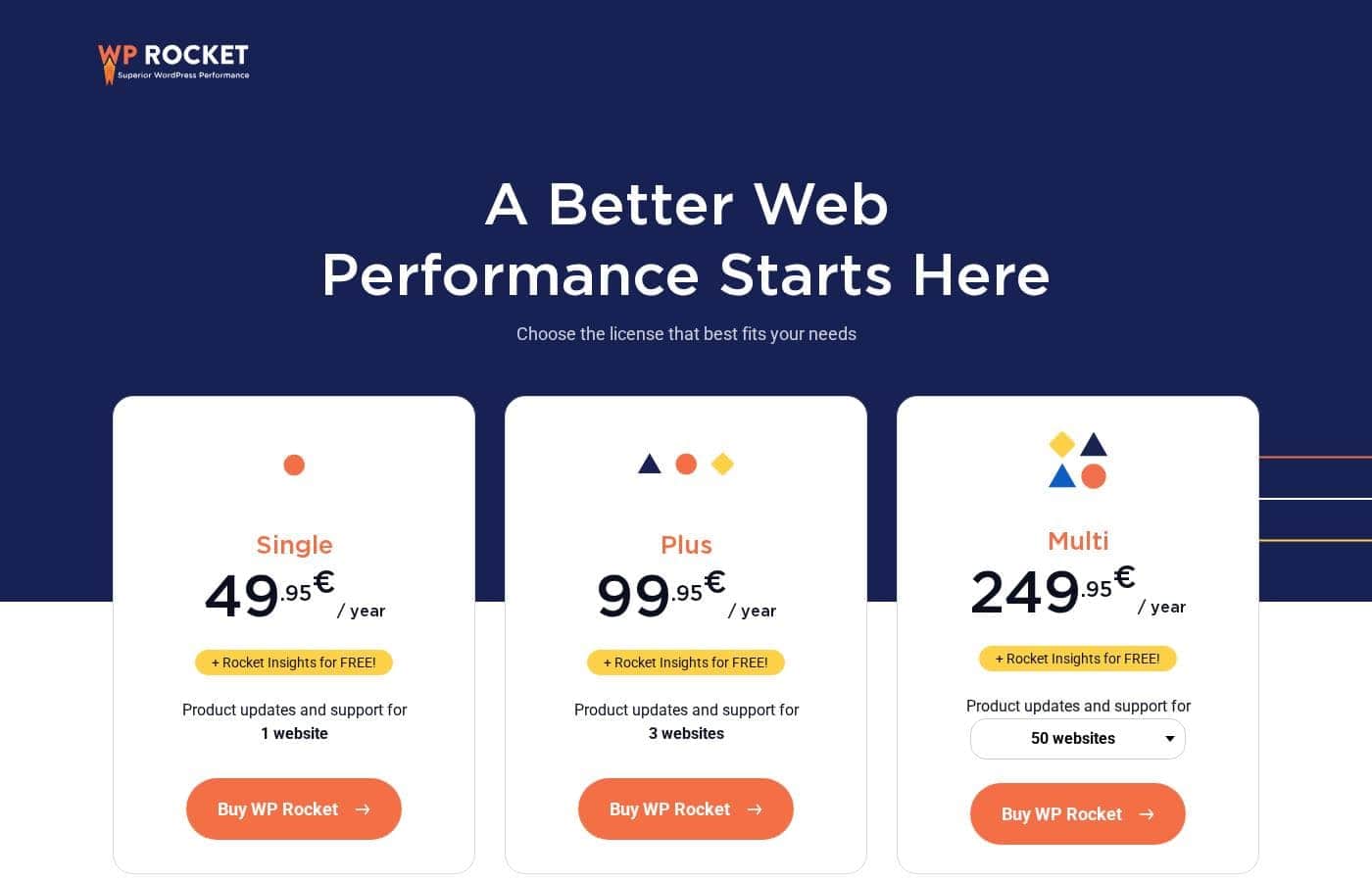 Screenshot della pagina prezzi di WP Rocket