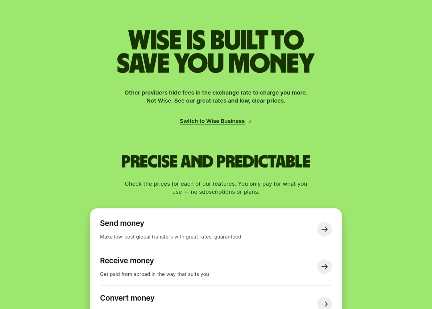 Wise pricing page screenshot
