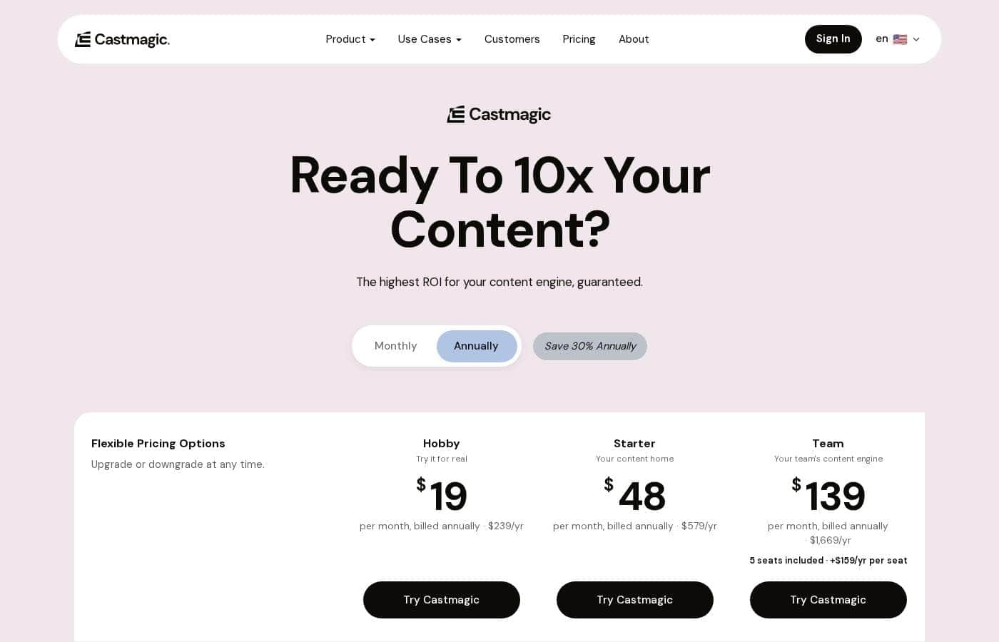 CastMagic pricing page screenshot