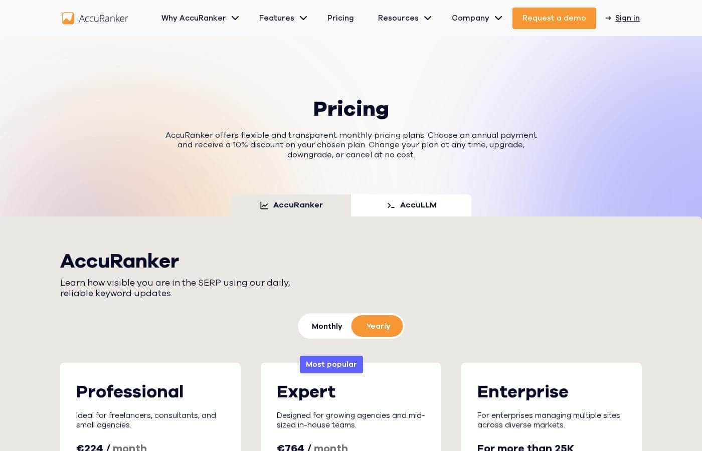 AccuRanker pricing page screenshot