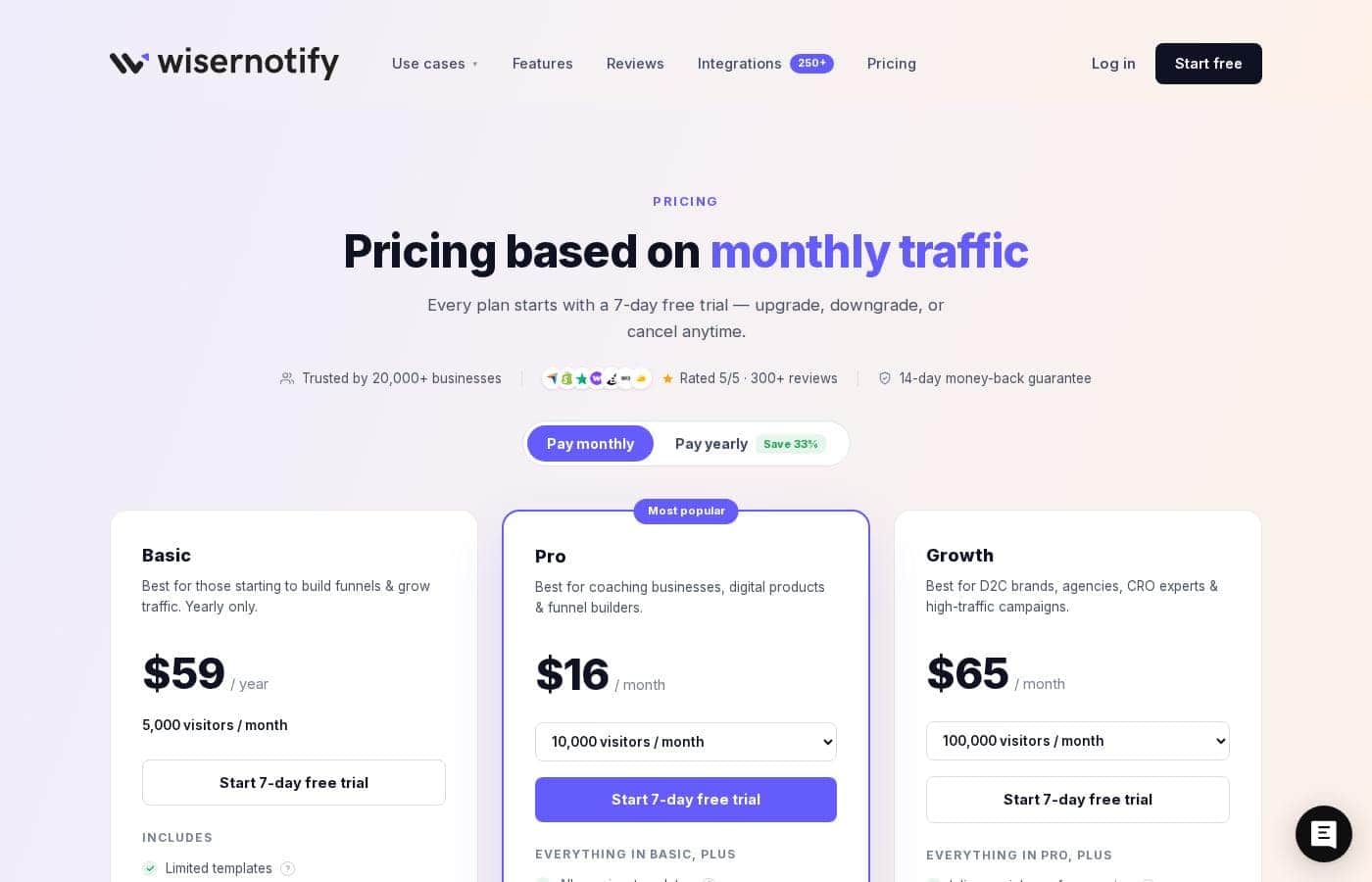 Wisernotify pricing page screenshot