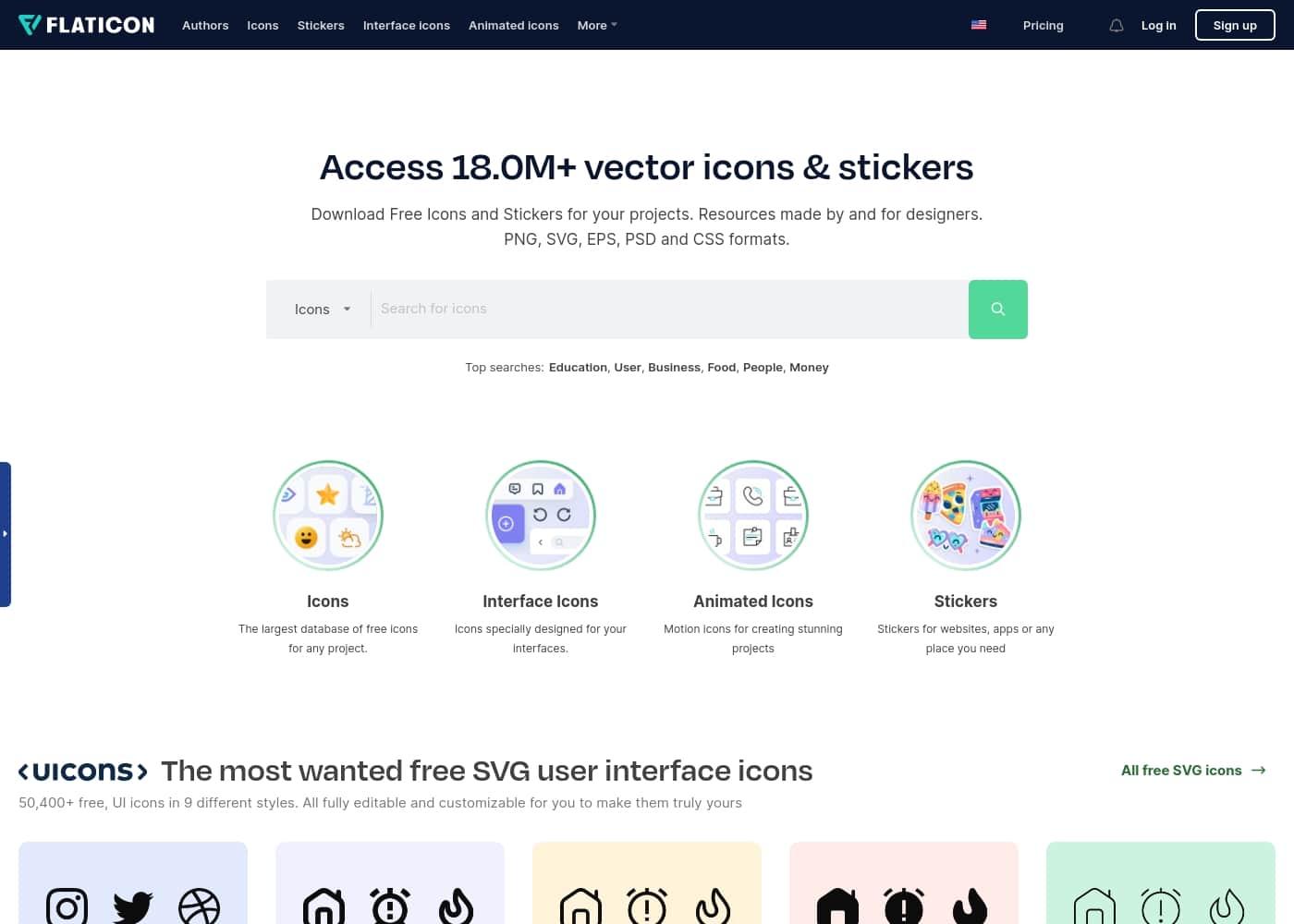 ภาพหน้าจอหลักของ Flaticon