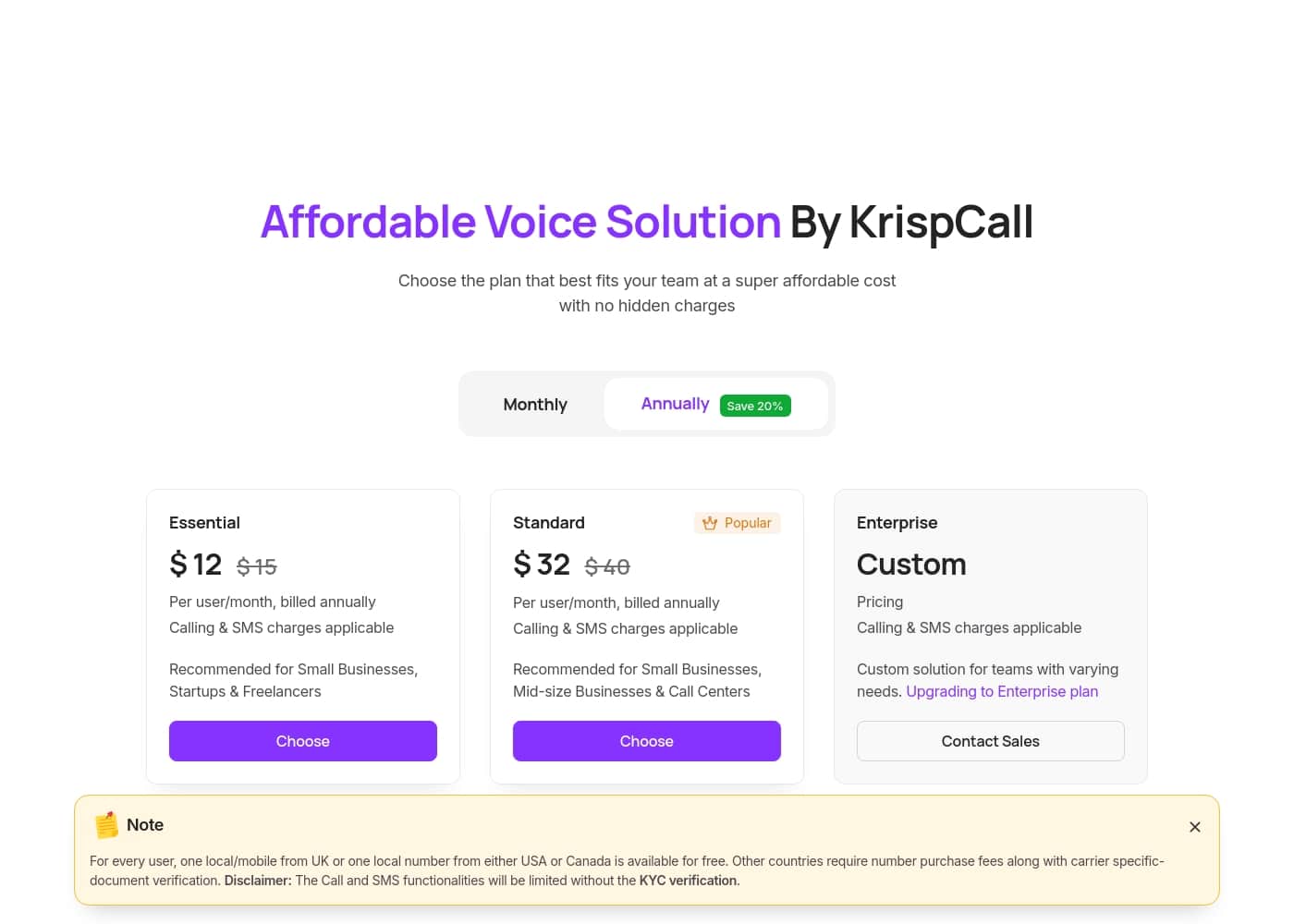 KrispCall Communications Inc. pricing page screenshot