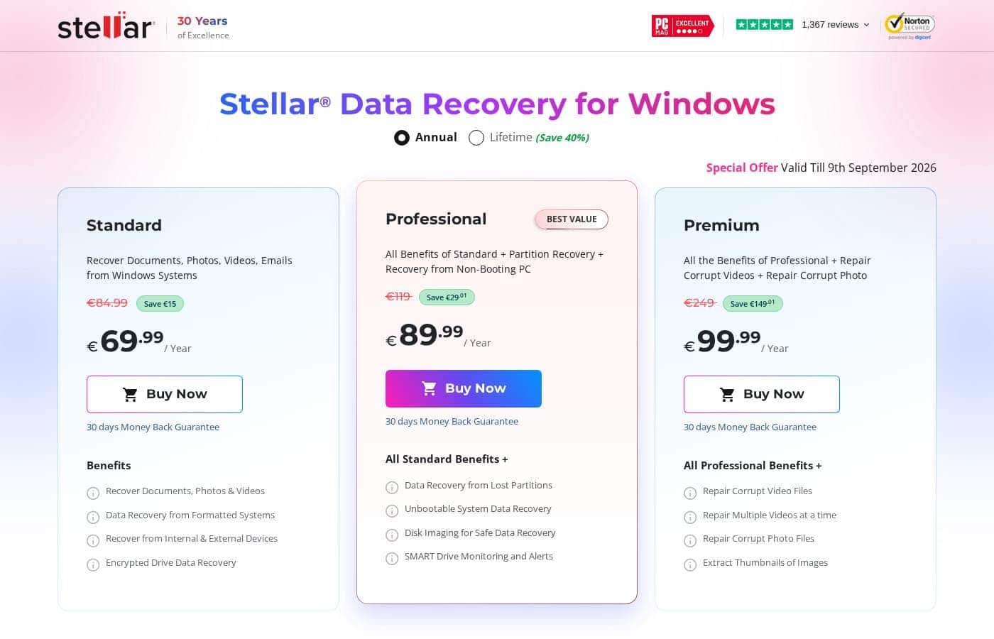 Stellar Data Recovery pricing page screenshot
