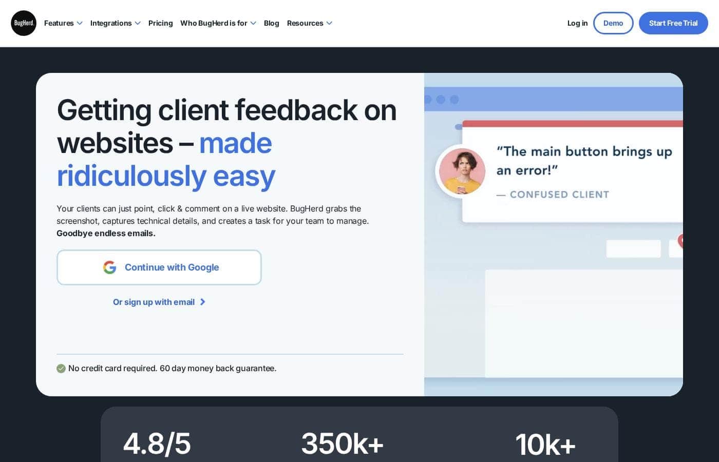 Screenshot della homepage di BugHerd