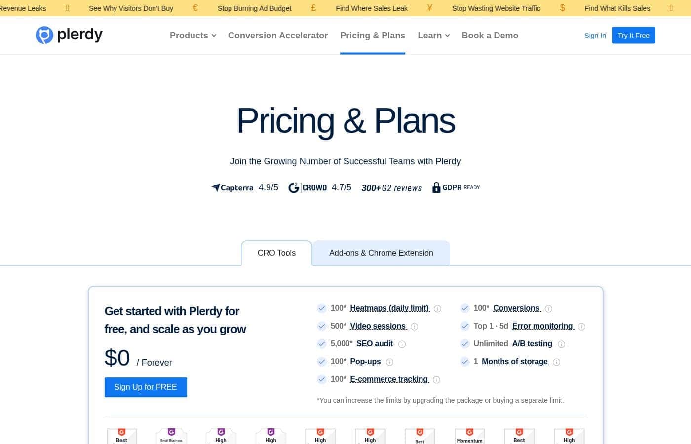 Plerdy pricing page screenshot