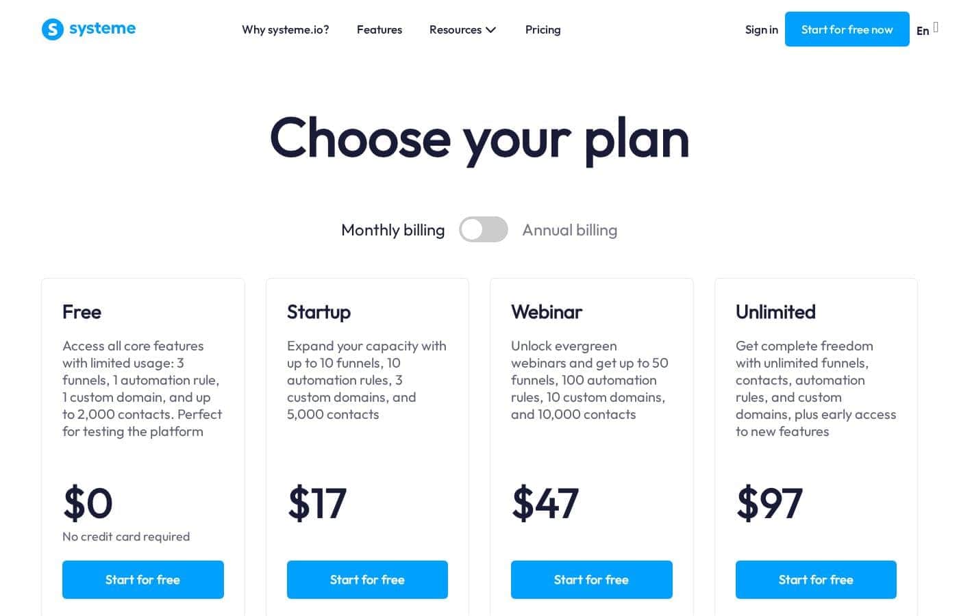 Systeme.io pricing page screenshot