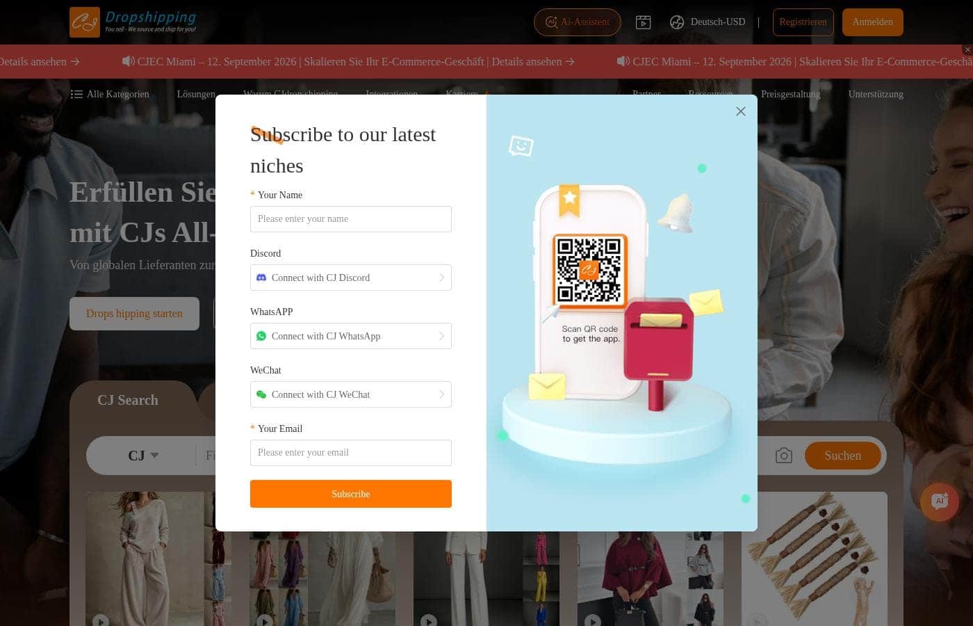 Screenshot della homepage di CJDropshipping