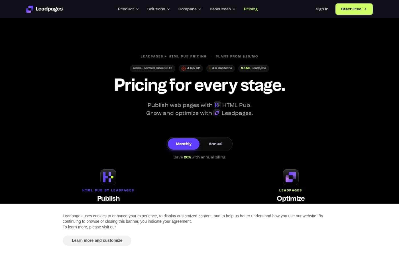 Leadpages pricing page screenshot