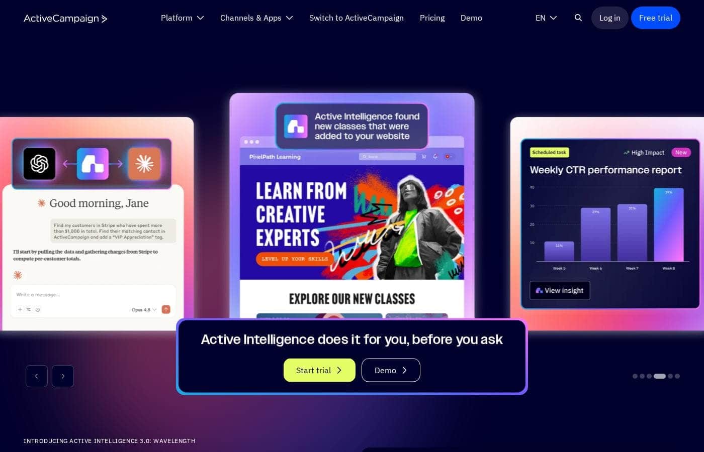 Captura de pantalla de la página de inicio de ActiveCampaign