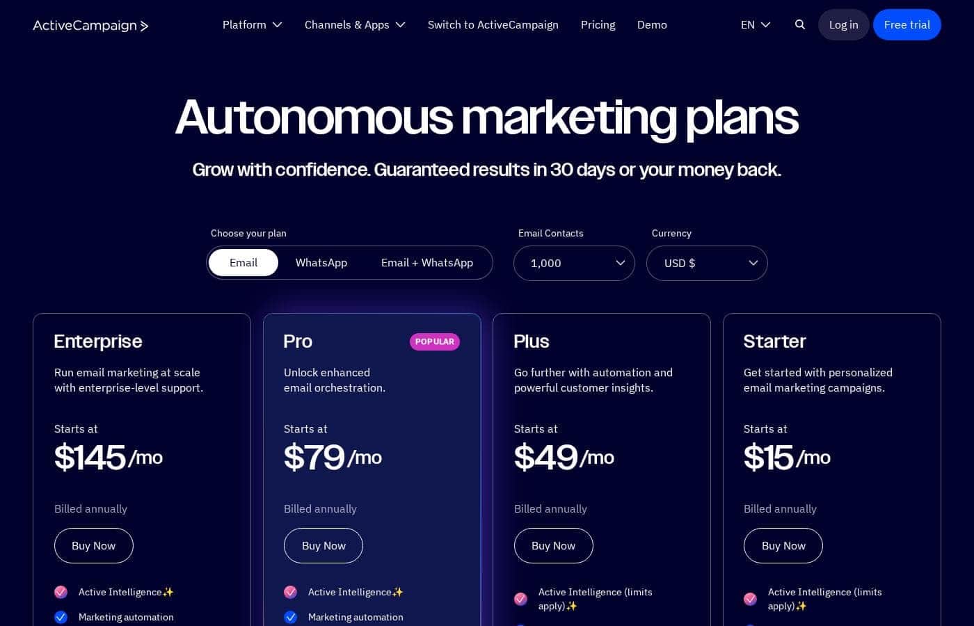 Captura de la página de precios de ActiveCampaign