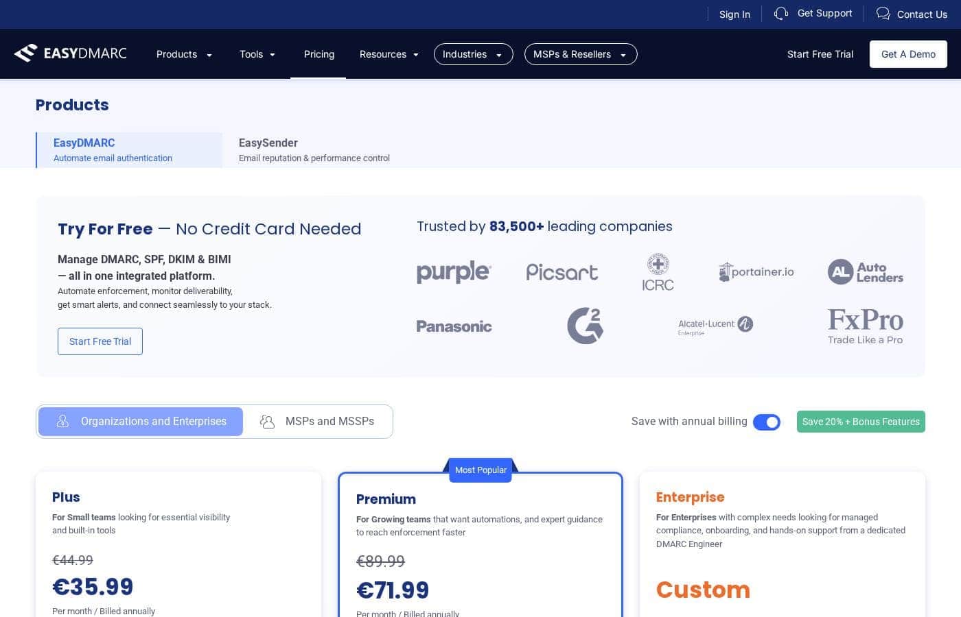 EasyDMARC pricing page screenshot