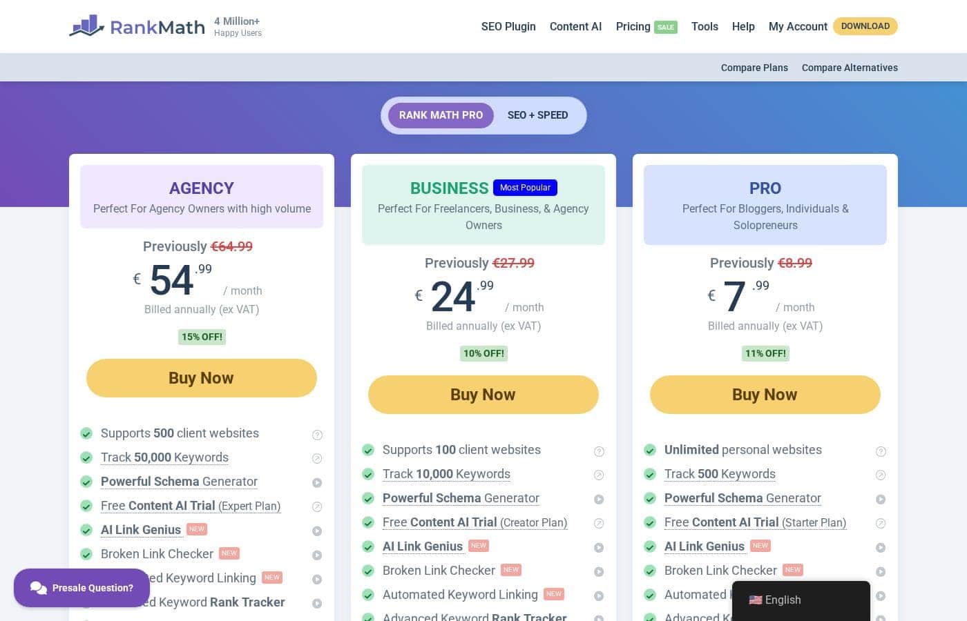 Rank Math Pro pricing page screenshot