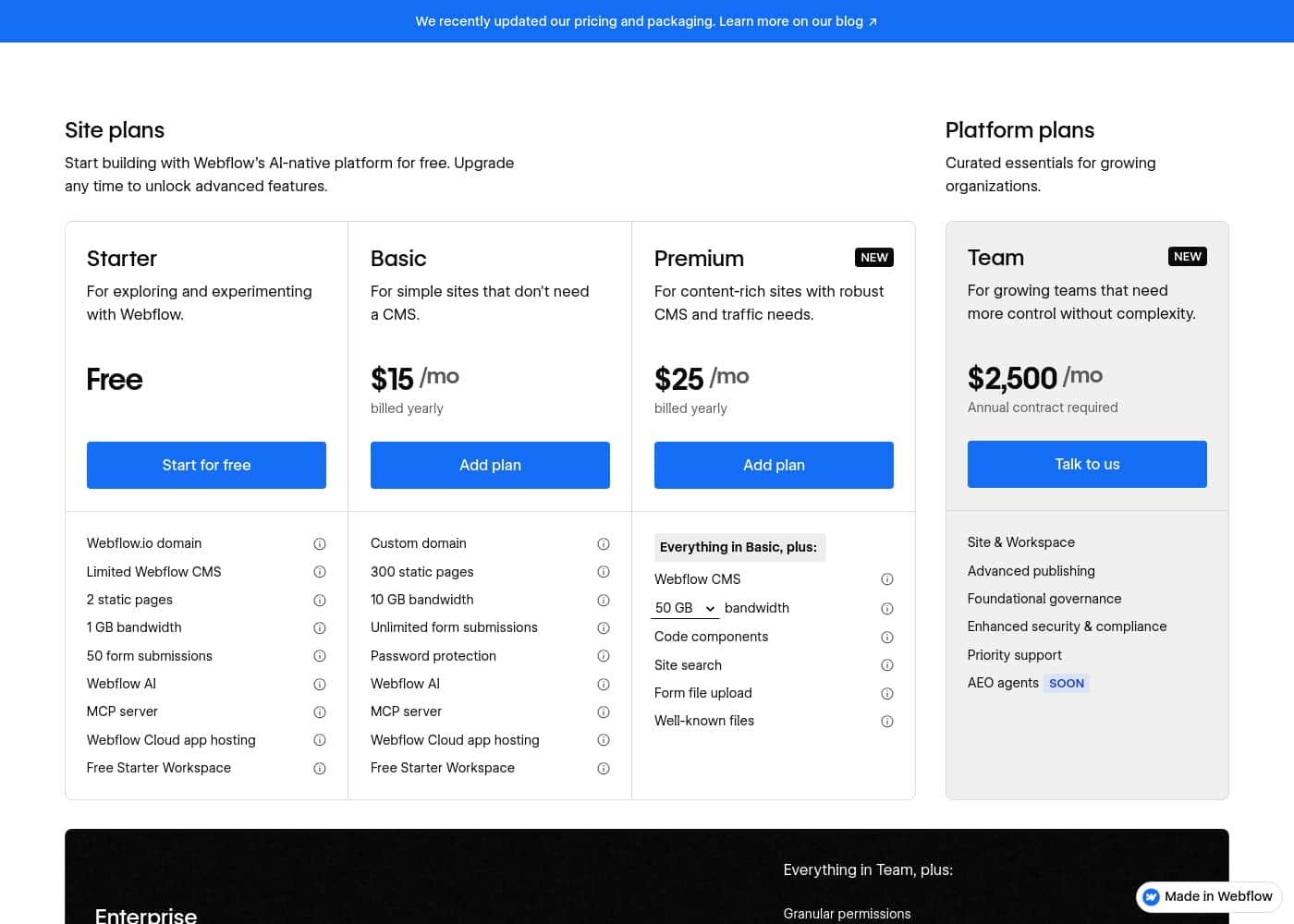 Webflow pricing page screenshot