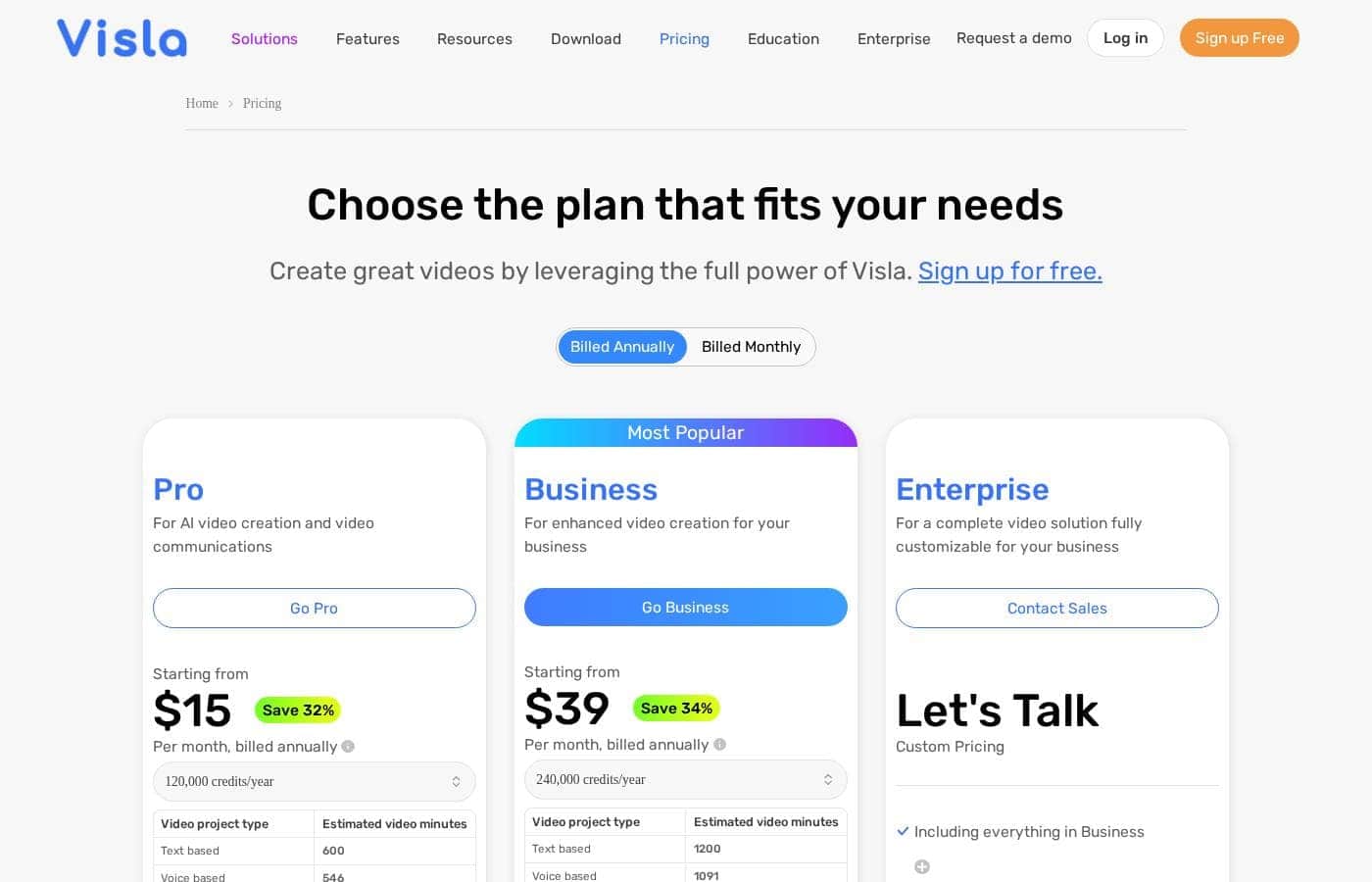 Visla pricing page screenshot