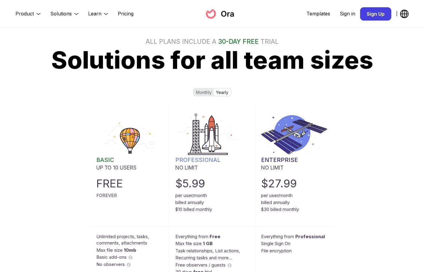 Ora pricing page screenshot
