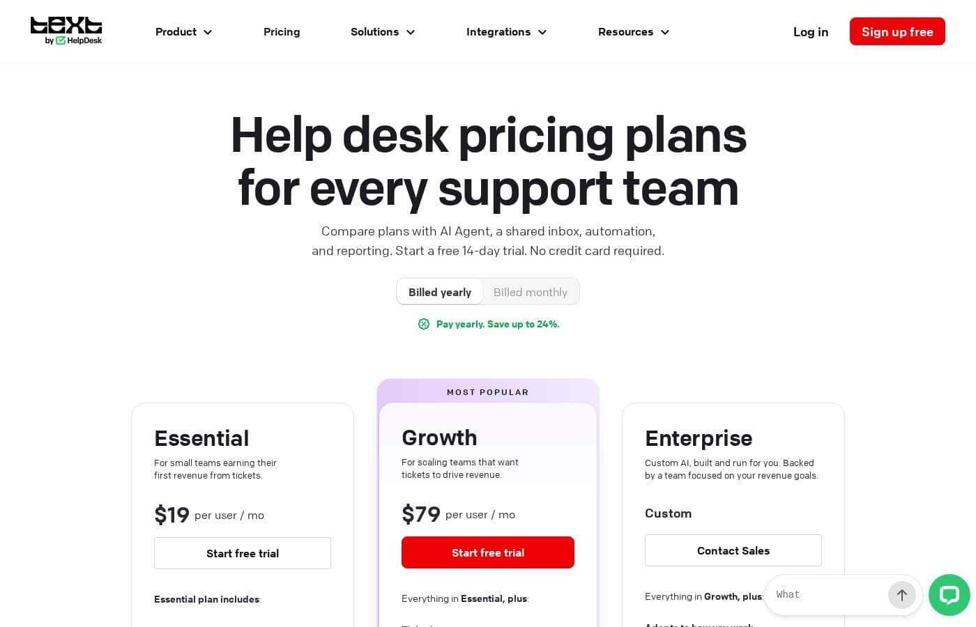 HelpDesk pricing page screenshot